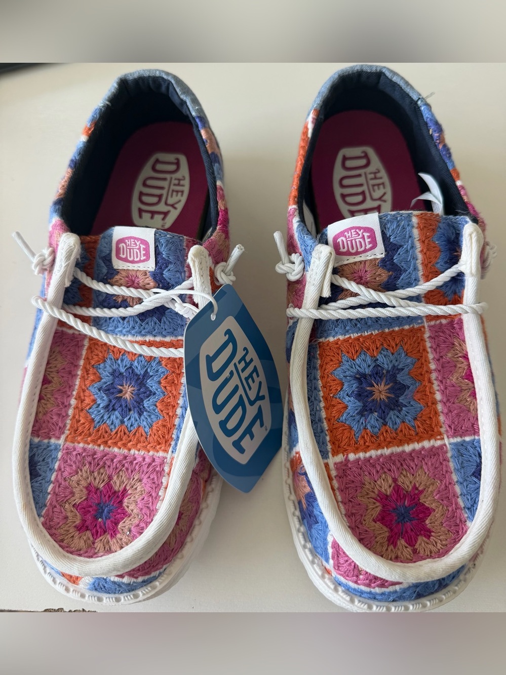 Hey Dude Wendy Crochet squares Slip-Ons in Pink, Blue & Orange